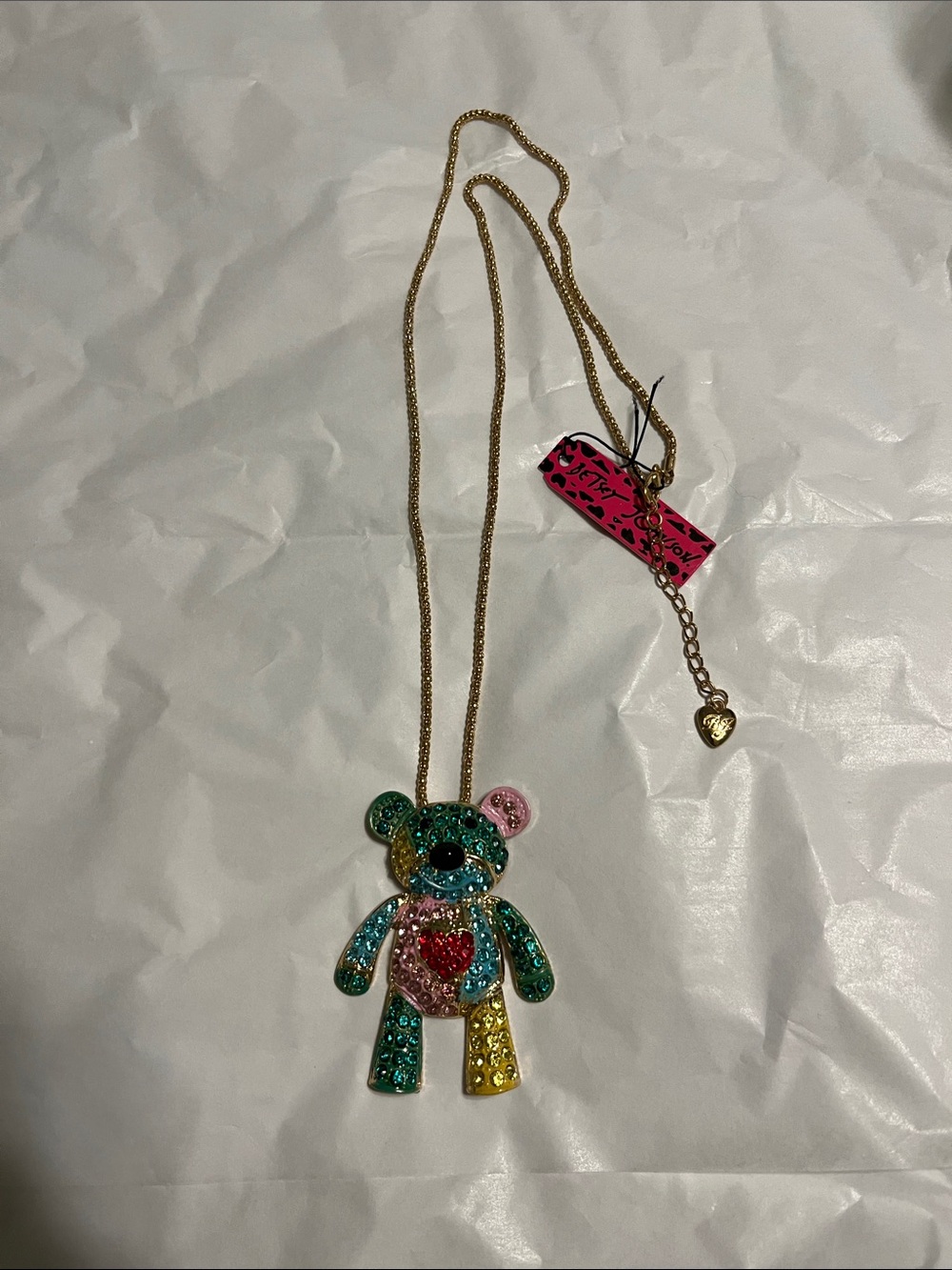 New NWT Betsey Johnson Gold-tone Teddy Bear Necklace with Multicolor Crystals
